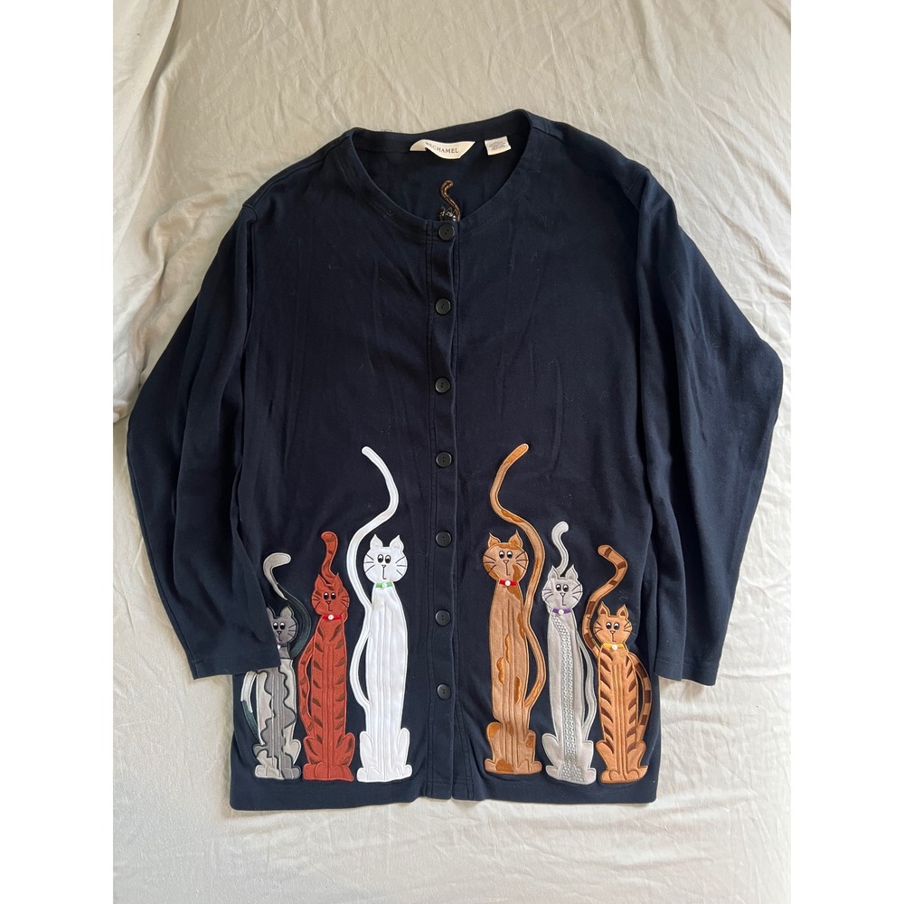 Bechamel Cat Jacket Women's Large Embroidered Applique Art to Wear Cotton Navy